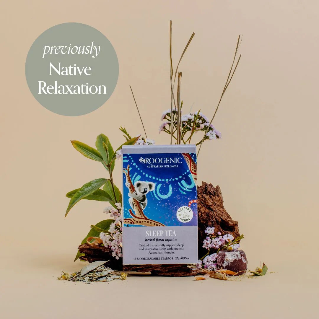 Sleep tea packaging featuring Australian bush plants, designed for relaxation and deep sleep. Includes bonus sleep guide.