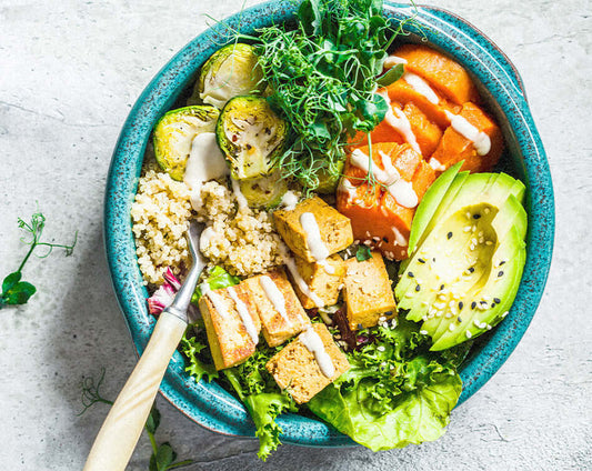 Rainbow Tofu Salad with Native Herb Tahini Dressing - Roogenic