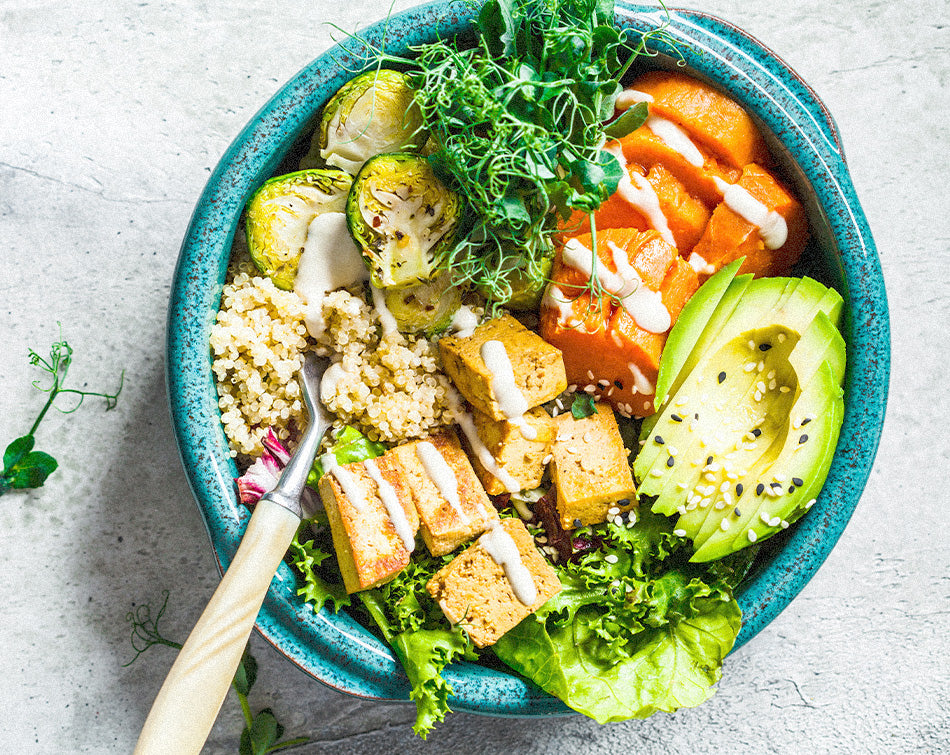 Rainbow Tofu Salad with Native Herb Tahini Dressing