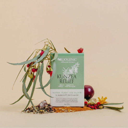 Roogenic Kunzea Relief product packaging with natural elements on a beige background
