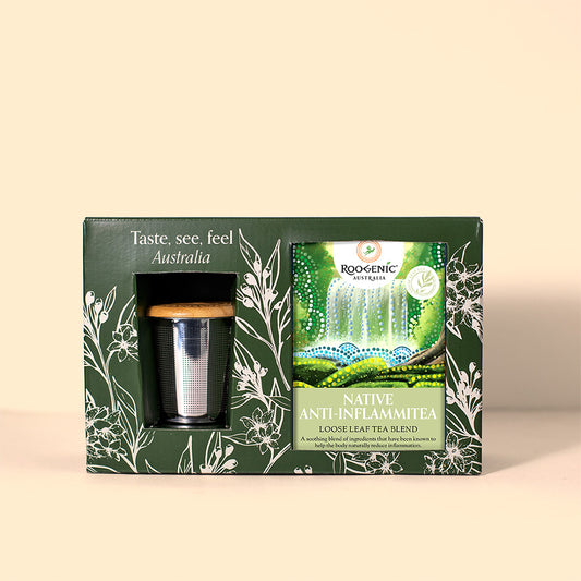 Loose Leaf Tea & Bamboo Cup Infuser Gift Boxes  Roogenic Native Anti-Inflammitea Tea & Cup Infuser  