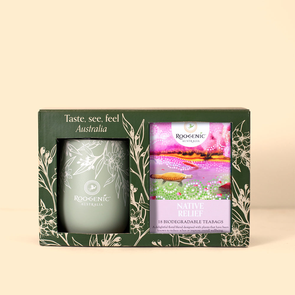Tea Tumbler & Tea Bag Gift Box  Roogenic Native Relief Tea & Tumbler  